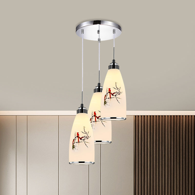 3-Light Drop Pendant Minimalist Oblong White Printing Glass Multiple Hanging Lamp with Round/Linear Canopy