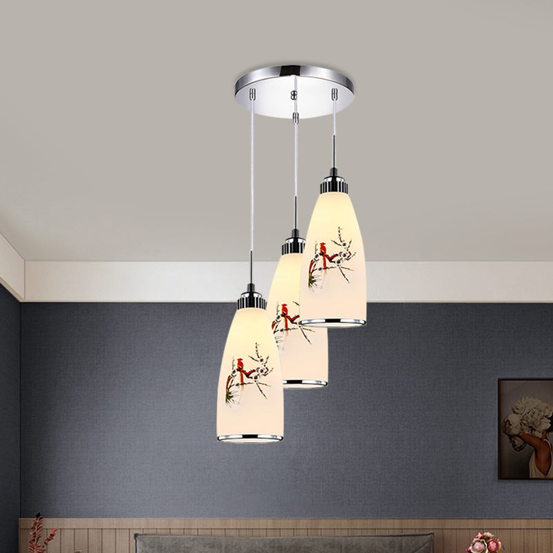 3-Light Drop Pendant Minimalist Oblong White Printing Glass Multiple Hanging Lamp with Round/Linear Canopy