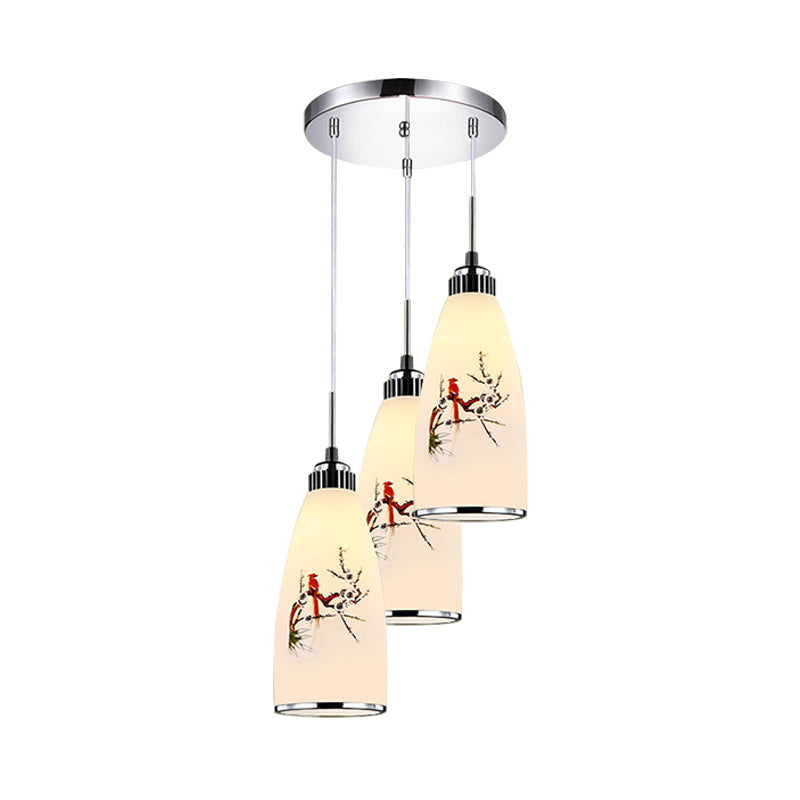 3-Light Drop Pendant Minimalist Oblong White Printing Glass Multiple Hanging Lamp with Round/Linear Canopy