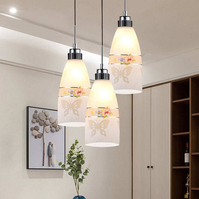 3-Light Drop Pendant Minimalist Oblong White Printing Glass Multiple Hanging Lamp with Round/Linear Canopy