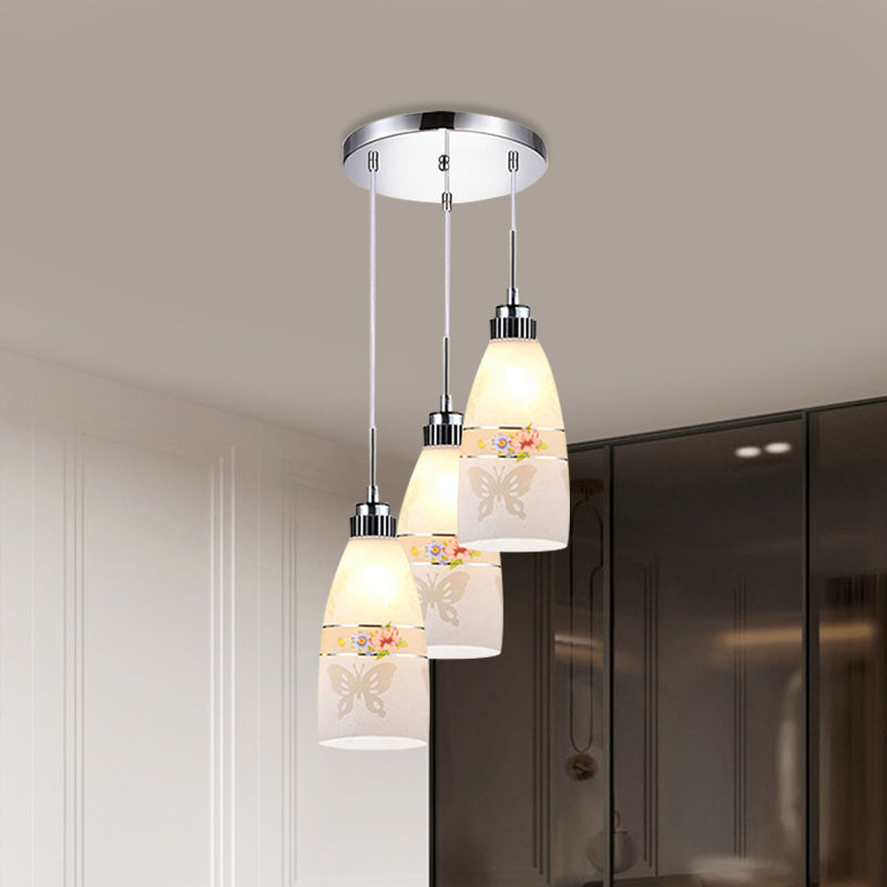 3-Light Drop Pendant Minimalist Oblong White Printing Glass Multiple Hanging Lamp with Round/Linear Canopy