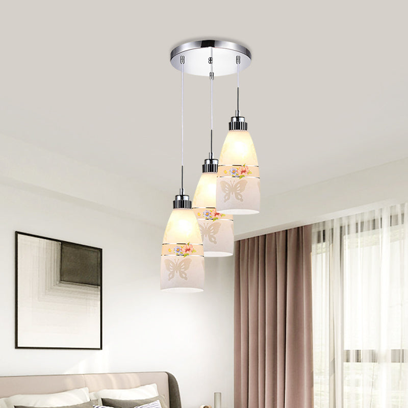 3-Light Drop Pendant Minimalist Oblong White Printing Glass Multiple Hanging Lamp with Round/Linear Canopy