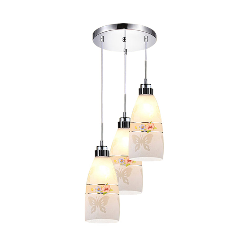 3-Light Drop Pendant Minimalist Oblong White Printing Glass Multiple Hanging Lamp with Round/Linear Canopy