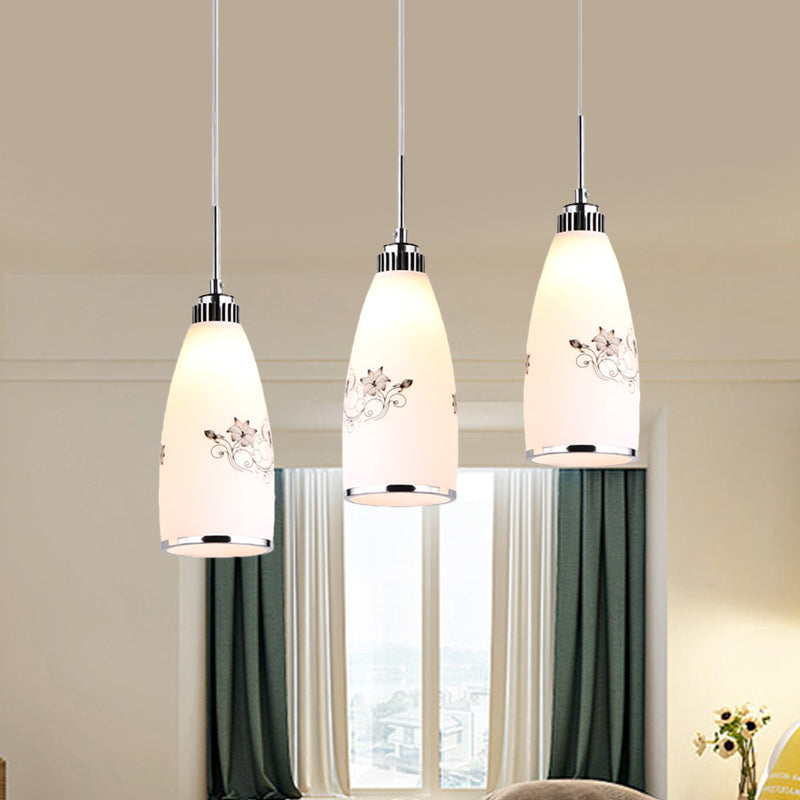 3-Bulb Cone Multiple Hanging Lamp Minimalism Black/Yellow/Blue Printing Glass Pendulum Lamp with Linear/Round Canopy