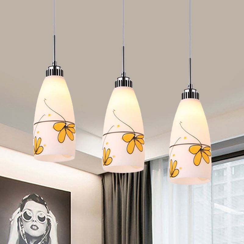 3-Bulb Cone Multiple Hanging Lamp Minimalism Black/Yellow/Blue Printing Glass Pendulum Lamp with Linear/Round Canopy