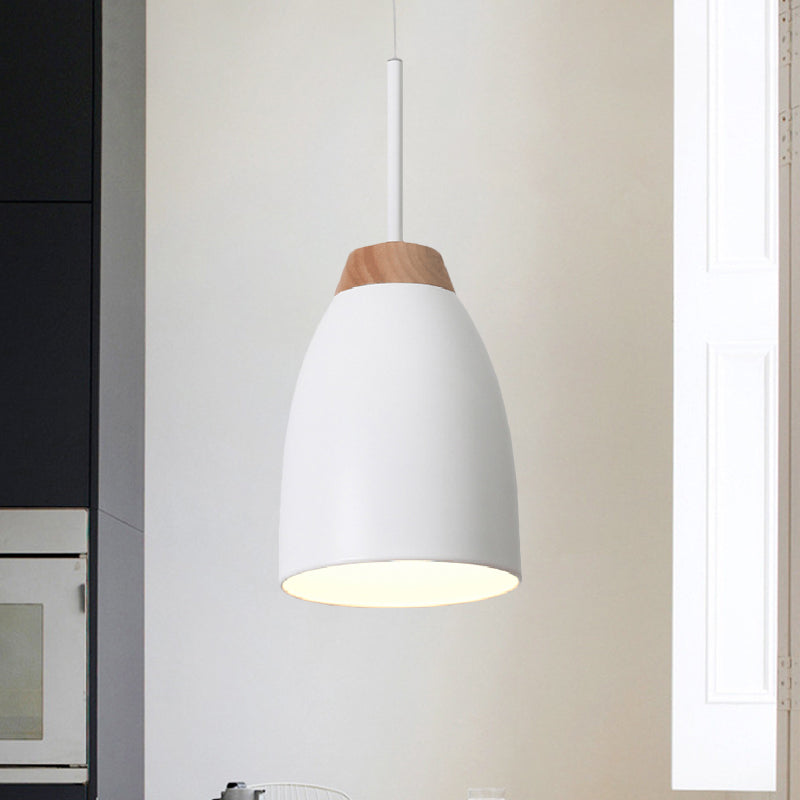 Bell Drop Pendant Light Minimal Metal 1 Bulb White/Black and Wood Hanging Ceiling Lamp over Table