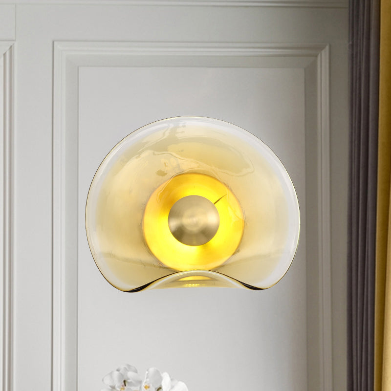 Tan Glass Bend Panel Sconce Light Fixture Post-Modern LED Wall Mounted Lamp in Brass