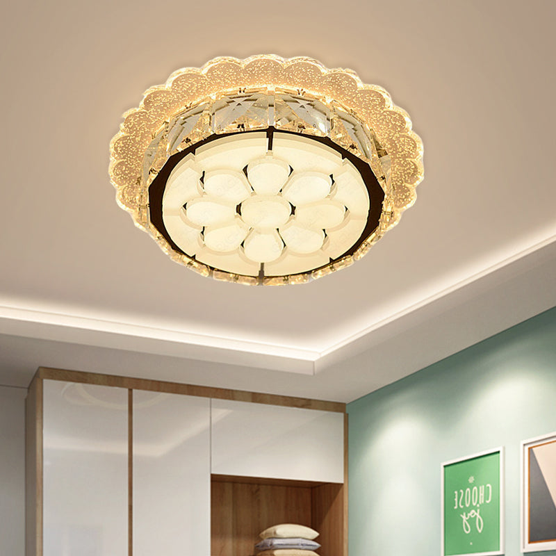 LED Crystal Flushmount Light Simple Style White Priscilla Edge Corridor Ceiling Lighting with Etched Floral Design
