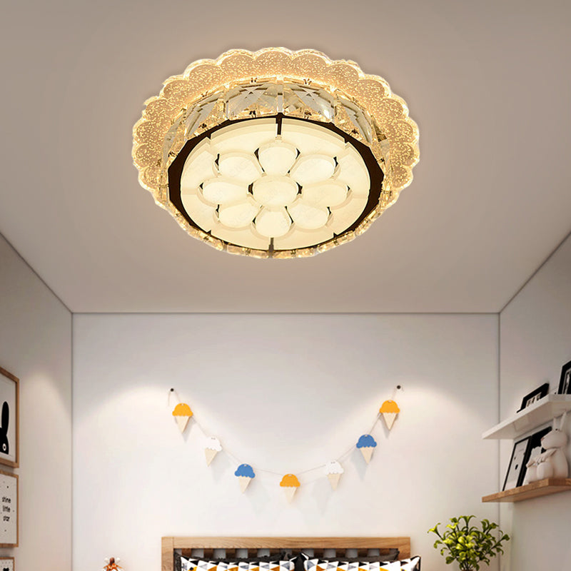 LED Crystal Flushmount Light Simple Style White Priscilla Edge Corridor Ceiling Lighting with Etched Floral Design
