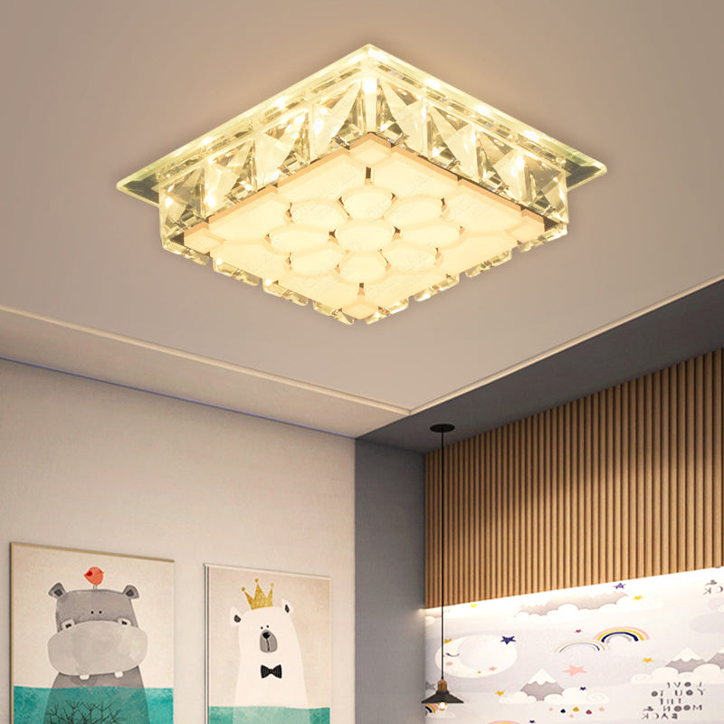 LED Flush Mount Light Modern Bedroom Etched Petal Ceiling Lamp with Square Clear Crystal Shade