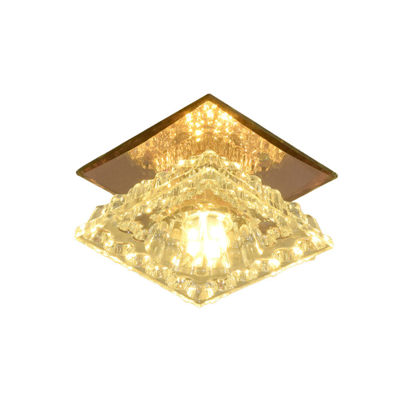 Contemporary Square Flushmount LED Faceted Crystal Flush Ceiling Light in Gold for Corridor, White/Warm/3 Color Light