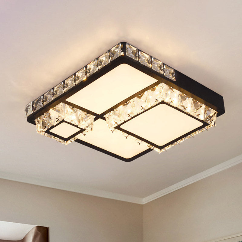 Black Square/Round Flush Light Fixture Minimal Style Faceted Crystal LED Bedroom Ceiling Mount