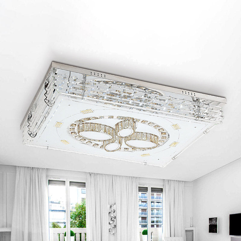 Chrome Rectangle Ceiling Mount Light Modernism Crystal LED Living Room Flushmount with Flower Design