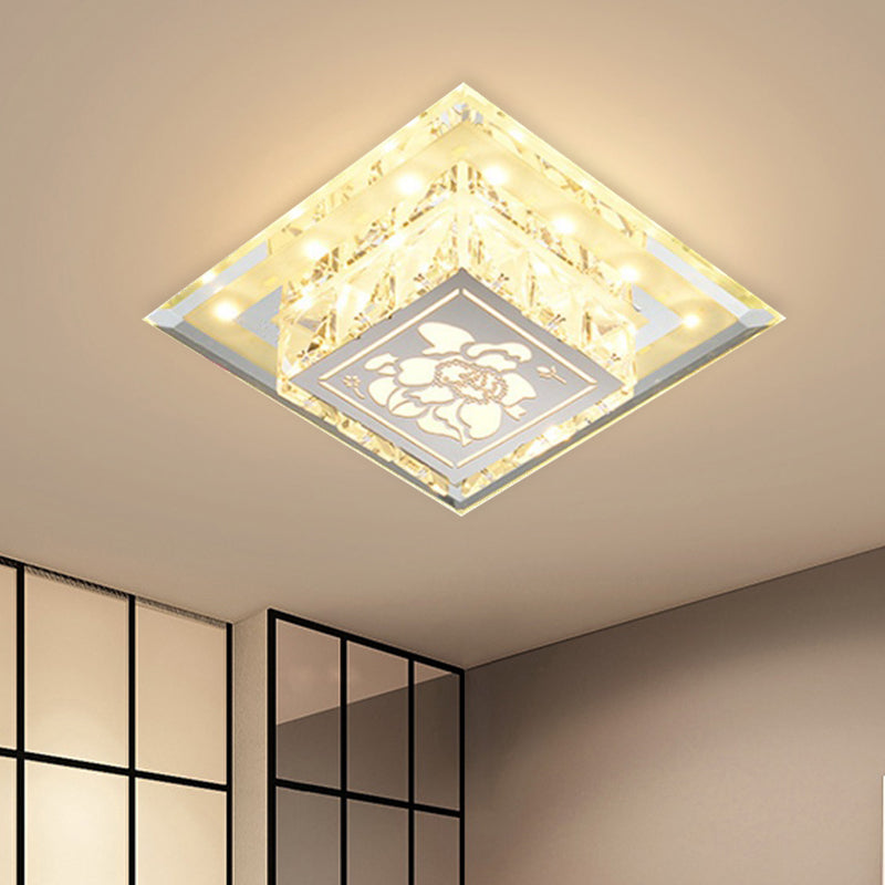 Moderna lampada da soffitto quadrata a incasso in cristallo sfaccettato a LED in cromo con motivo floreale