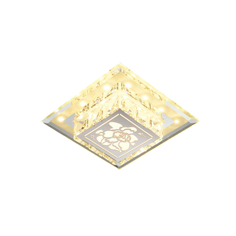 Moderna lampada da soffitto quadrata a incasso in cristallo sfaccettato a LED in cromo con motivo floreale