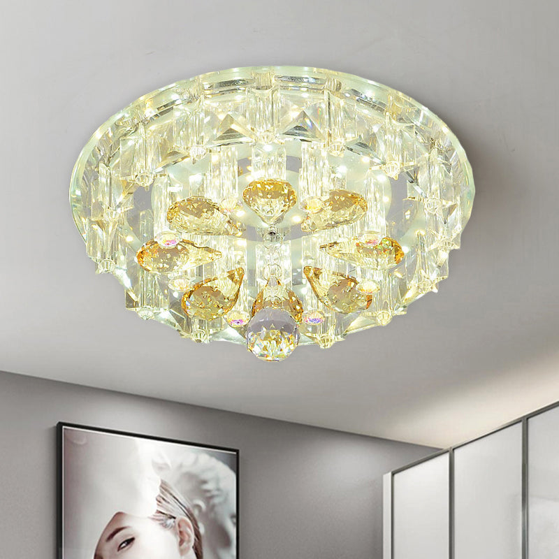 LED Flush Ceiling Light Modernism Bloom Clear Crystal Block Flushmount with Round Shade in Warm/White Light