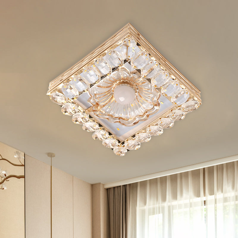 Minimal Round/Square Ceiling Lamp LED Faceted Crystal Flush Mount Fixture in Gold with Flower Shade