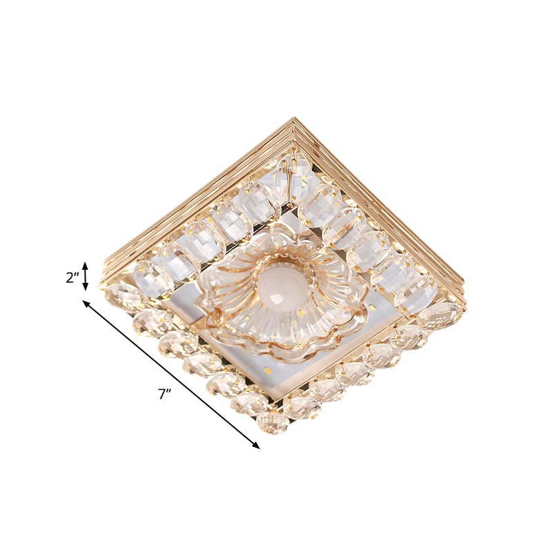 Minimal Round/Square Ceiling Lamp LED Faceted Crystal Flush Mount Fixture in Gold with Flower Shade