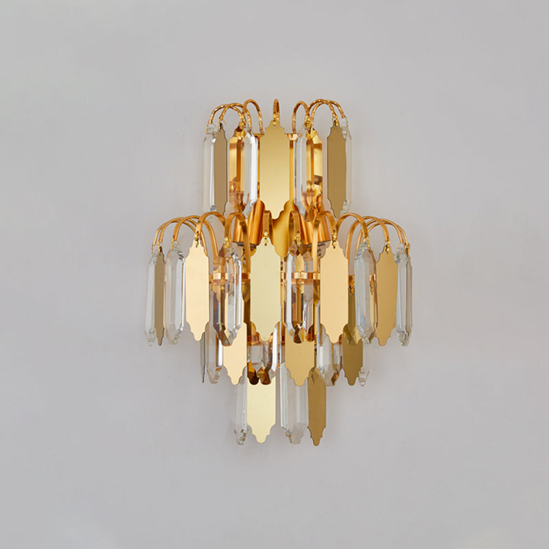 Crystal Block Tiered Wall Lighting Fixture Classic 2-Light Living Room Wall Light Sconce in Gold