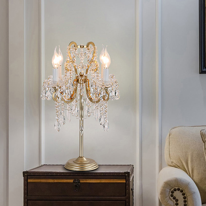 Lampada da tavolo in cristallo trasparente bianco/oro con braccio piegato, lampada notturna in stile rurale a 2 luci per soggiorno