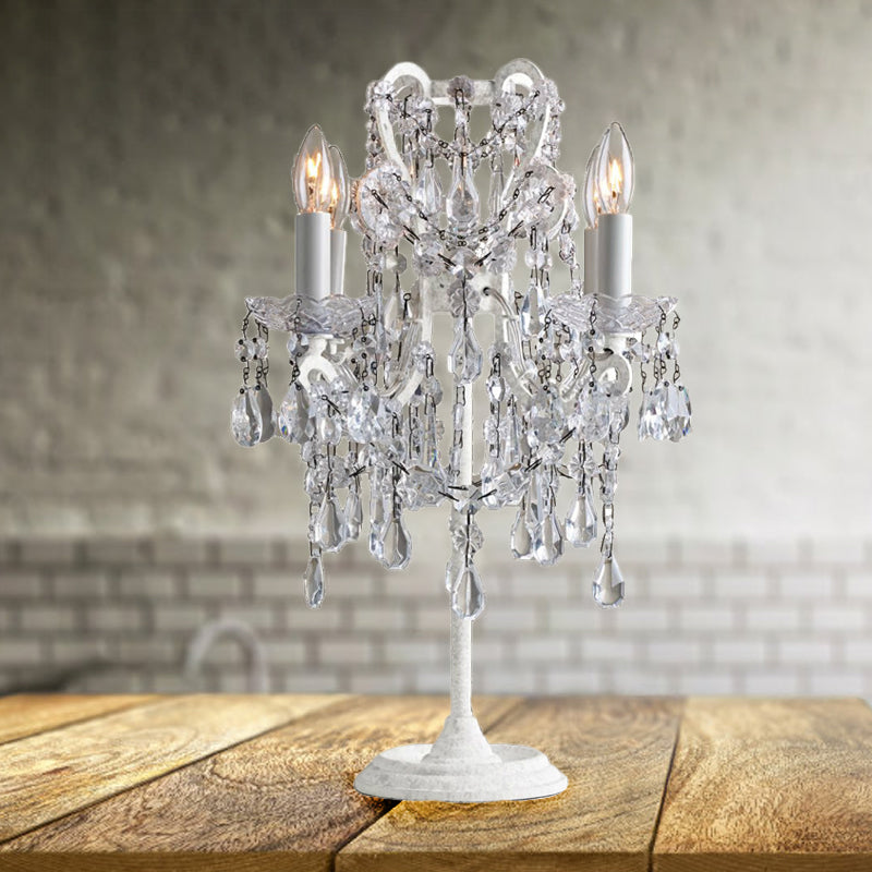4 Bulbs Teardrop Table Lamp Retro Style White Finish Clear Crystal Night Light for Bedroom