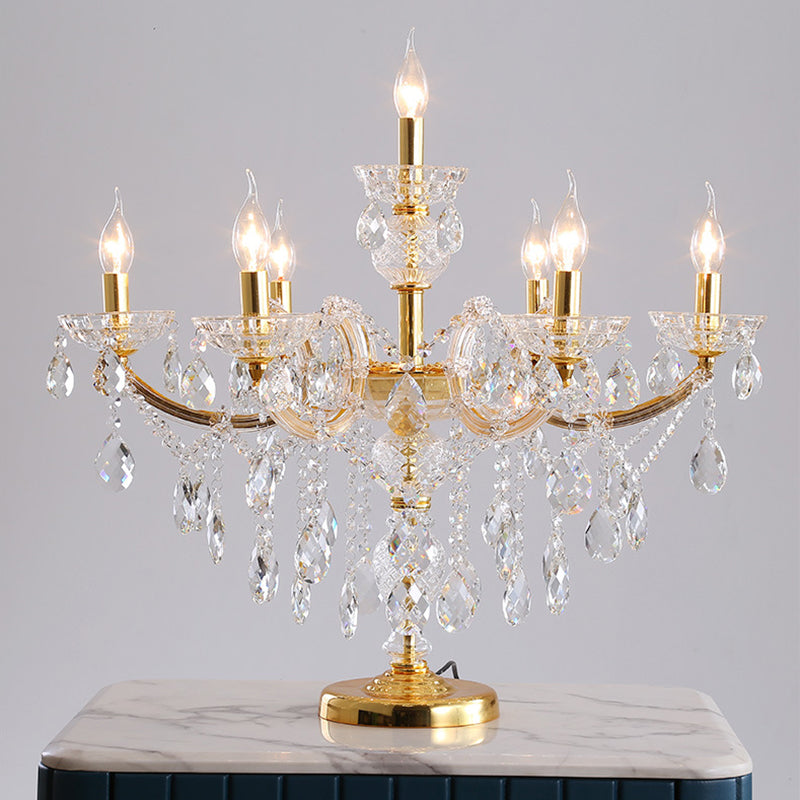 7 Bulbs Crystal Strand Night Table Lamp Traditional Gold Candelabra Bedroom Nightstand Light