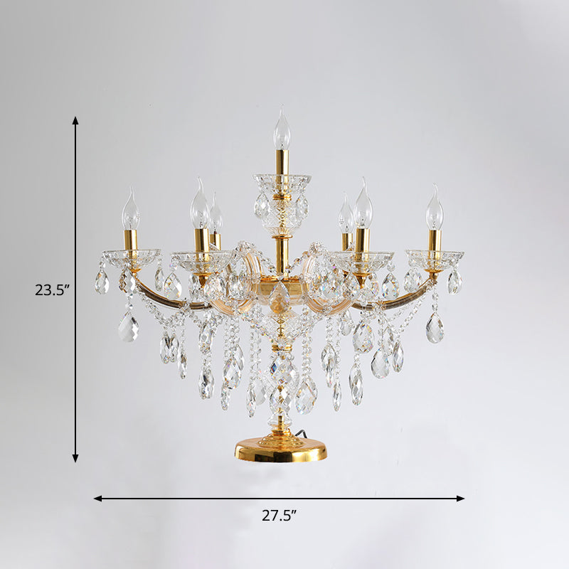 7 Bulbs Crystal Strand Night Table Lamp Traditional Gold Candelabra Bedroom Nightstand Light