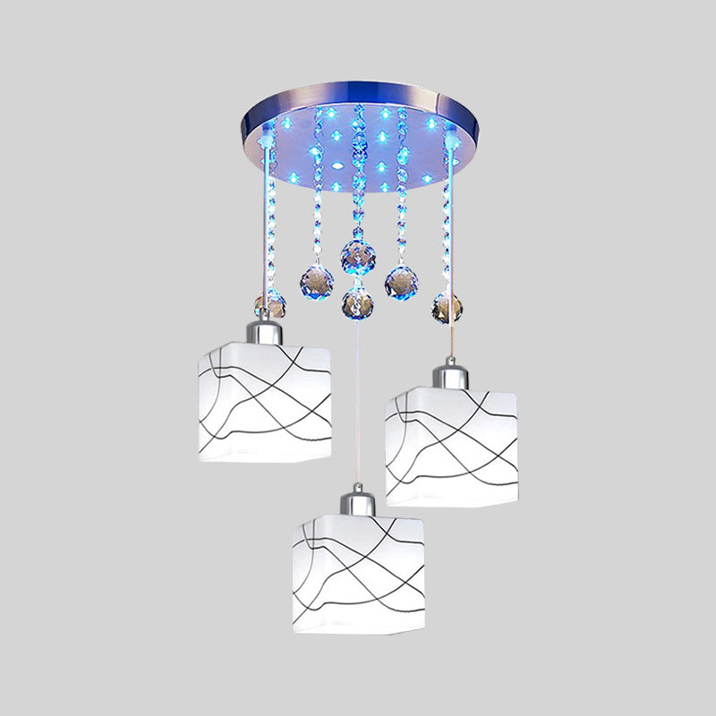 White 3 Lights Multi Light Pendant Minimal Crystal Orb Square Hanging Lamp Kit with Round Canopy