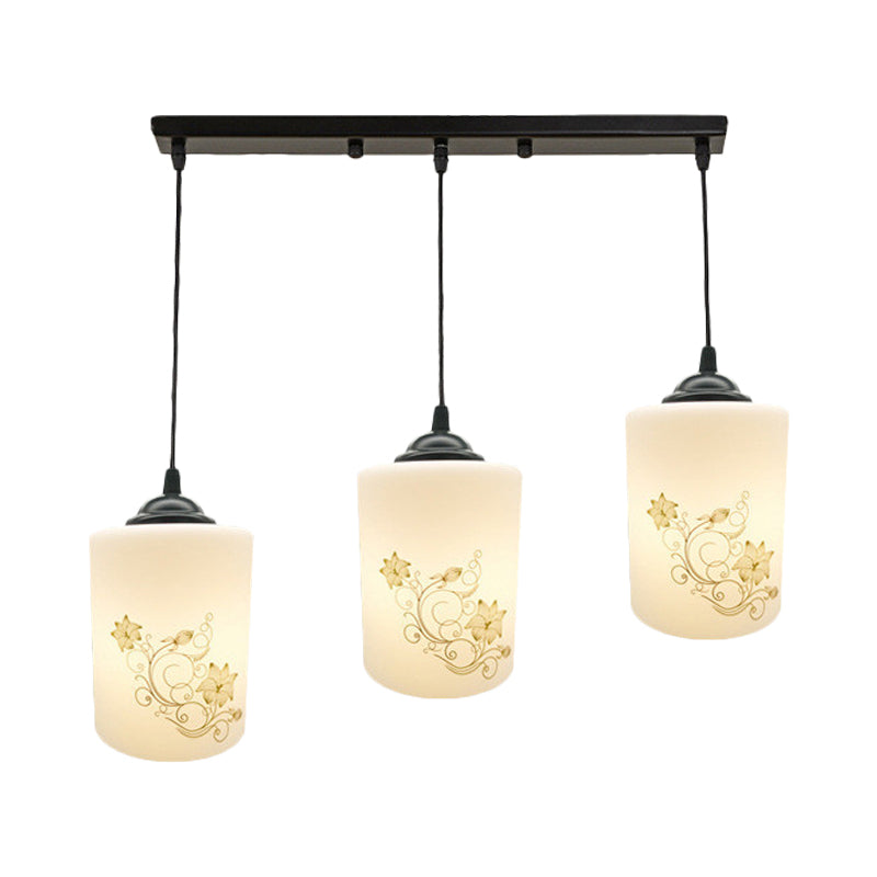 Cylinder Dining Room Multi Ceiling Light Modern White Printed Glass 3-Head Black Hanging Pendant with Linear/Round Canopy