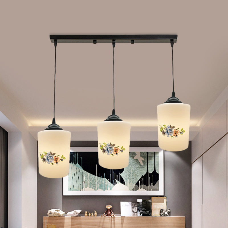 Cylinder Dining Room Multi Ceiling Light Modern White Printed Glass 3-Head Black Hanging Pendant with Linear/Round Canopy