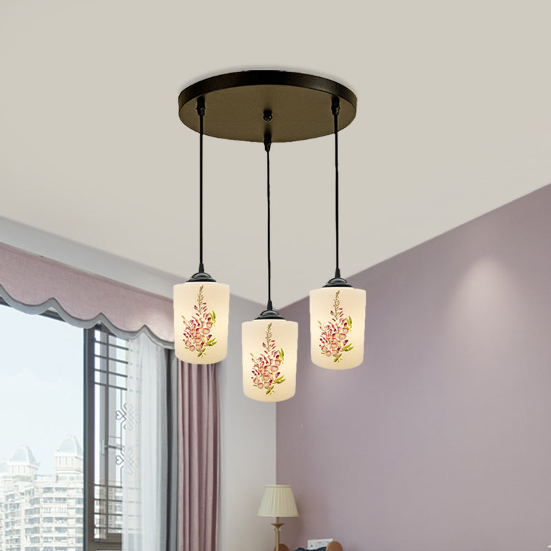 Witdruk Glas Zwart Multi Pendant Lamp Cilinder 3-Licht eetkamer Suspensie Licht met ronde/lineaire luifel