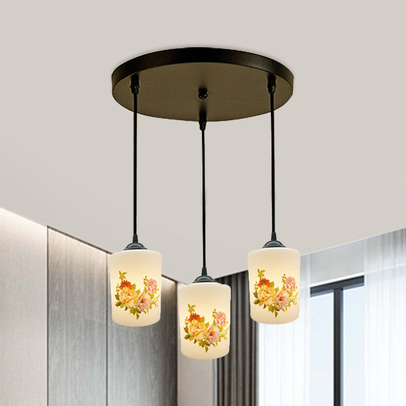 Witdruk Glas Zwart Multi Pendant Lamp Cilinder 3-Licht eetkamer Suspensie Licht met ronde/lineaire luifel