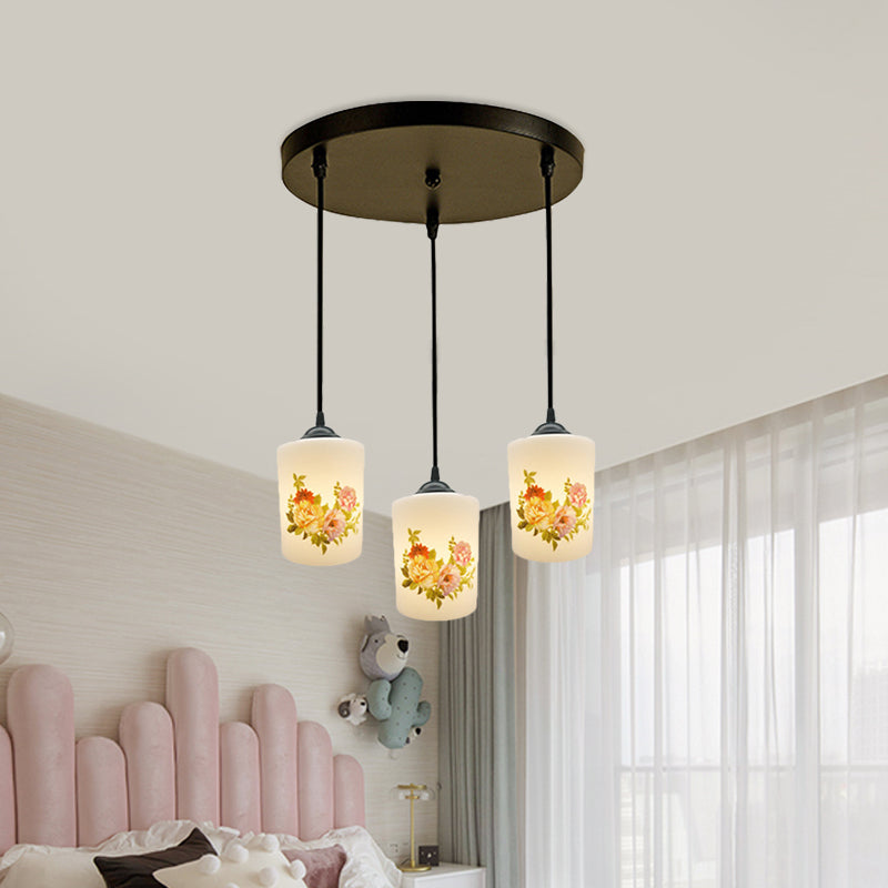 Witdruk Glas Zwart Multi Pendant Lamp Cilinder 3-Licht eetkamer Suspensie Licht met ronde/lineaire luifel