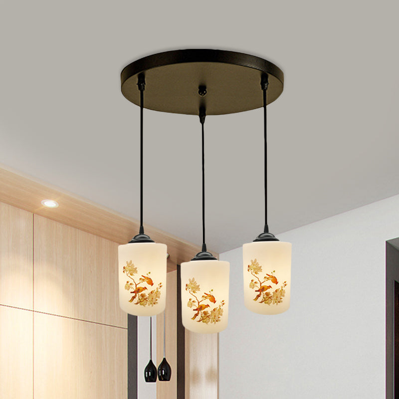 Witdruk Glas Zwart Multi Pendant Lamp Cilinder 3-Licht eetkamer Suspensie Licht met ronde/lineaire luifel