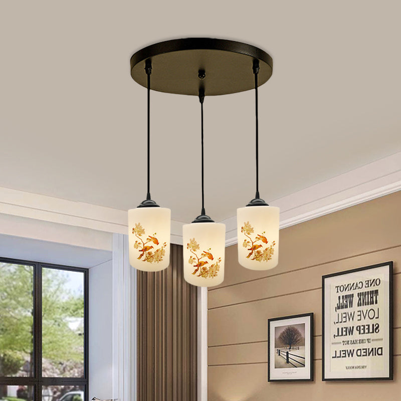 Witdruk Glas Zwart Multi Pendant Lamp Cilinder 3-Licht eetkamer Suspensie Licht met ronde/lineaire luifel