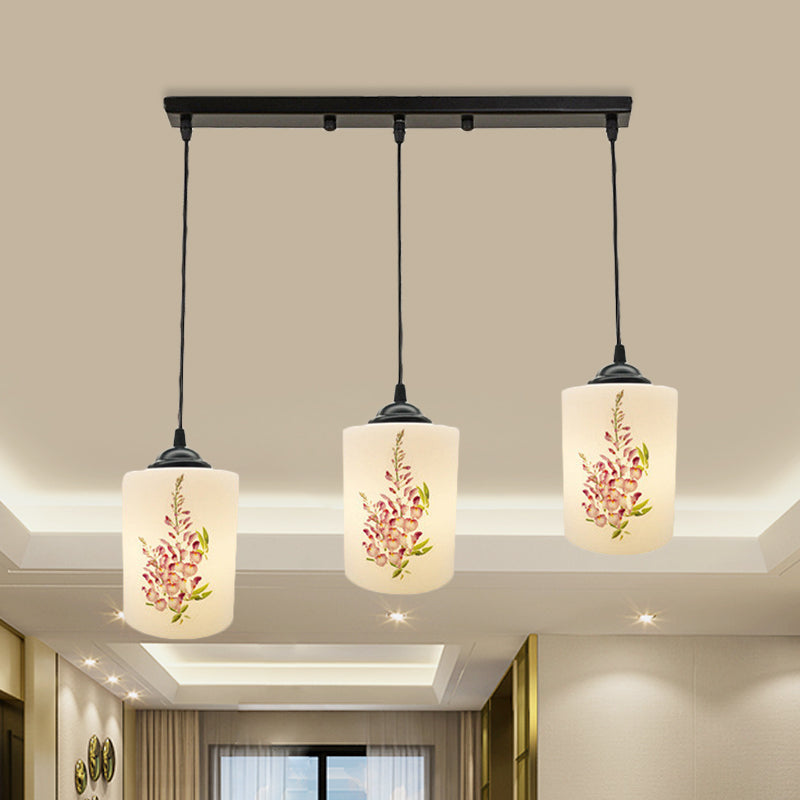 Witdruk Glas Zwart Multi Pendant Lamp Cilinder 3-Licht eetkamer Suspensie Licht met ronde/lineaire luifel