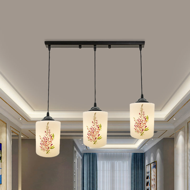 Witdruk Glas Zwart Multi Pendant Lamp Cilinder 3-Licht eetkamer Suspensie Licht met ronde/lineaire luifel