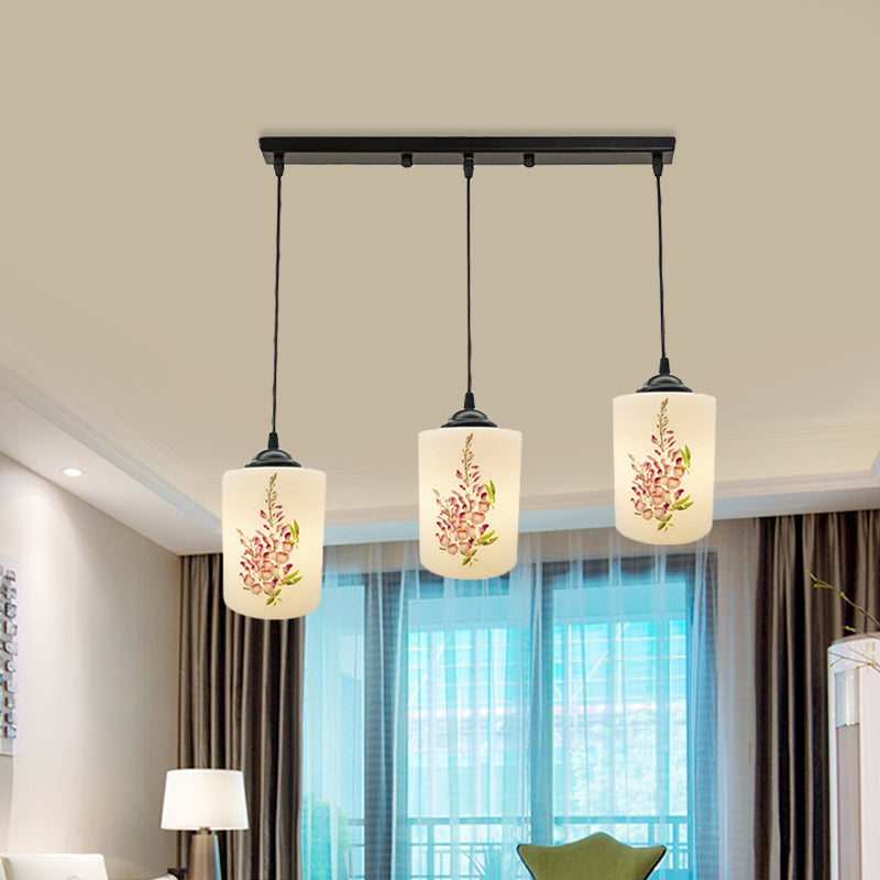 Witdruk Glas Zwart Multi Pendant Lamp Cilinder 3-Licht eetkamer Suspensie Licht met ronde/lineaire luifel