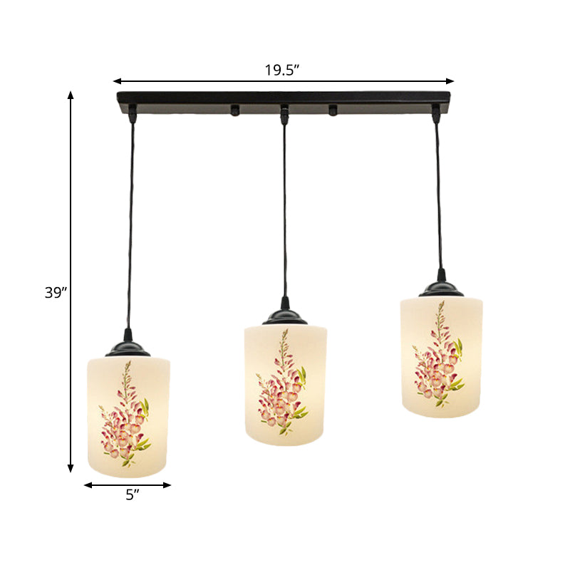 Witdruk Glas Zwart Multi Pendant Lamp Cilinder 3-Licht eetkamer Suspensie Licht met ronde/lineaire luifel