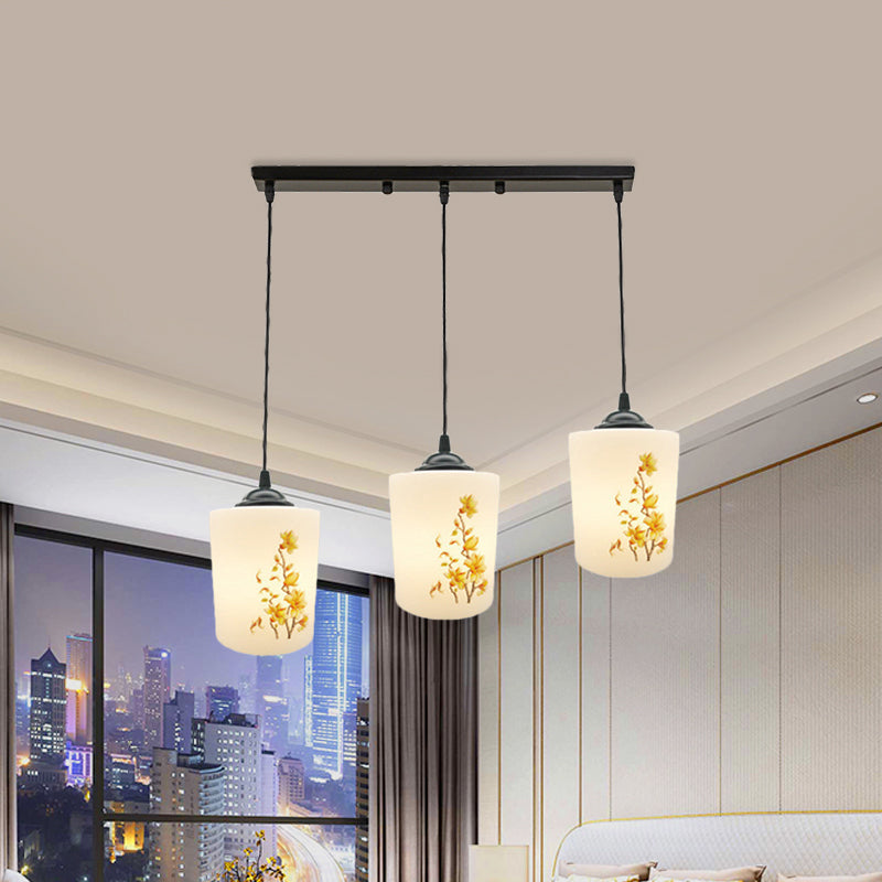 Witdruk Glas Zwart Multi Pendant Lamp Cilinder 3-Licht eetkamer Suspensie Licht met ronde/lineaire luifel