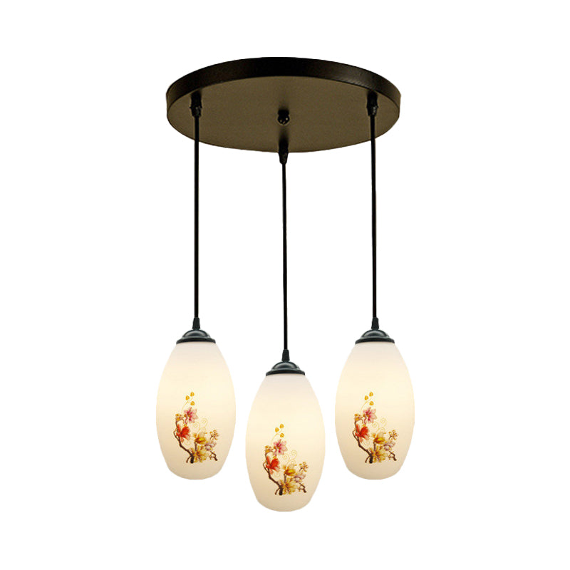 3 Bulbs Multiple Hanging Light Modern Oblong Frosted White Glass Linear/Round Canopy Pendulum Lamp with Flower Pattern