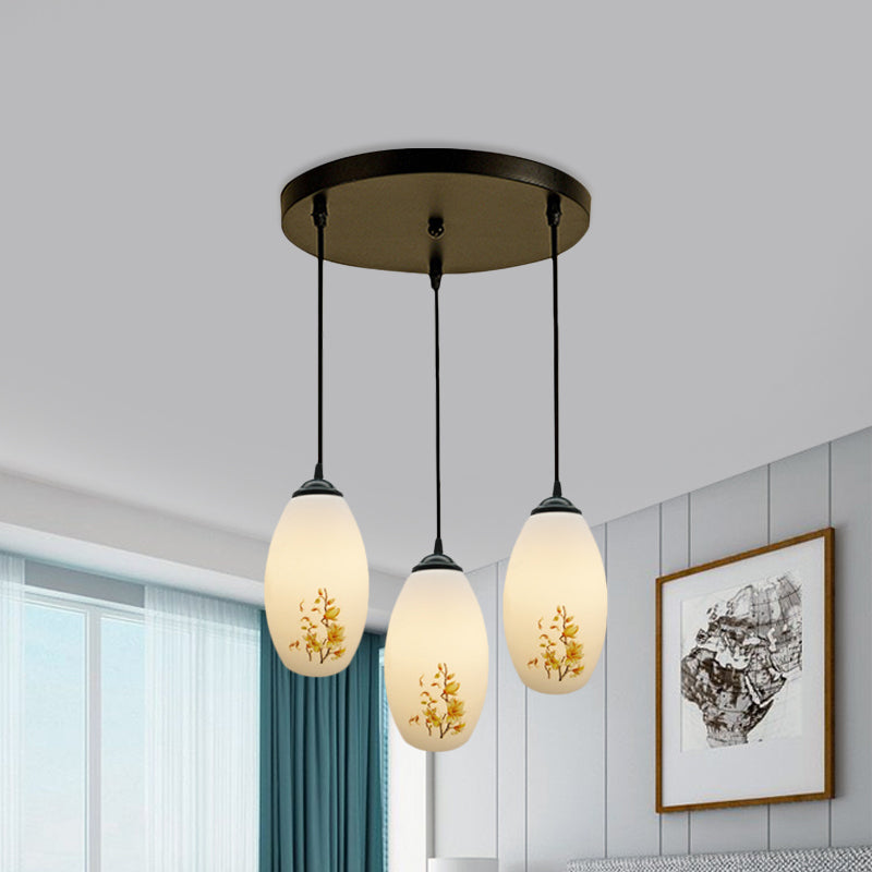 3 Bulbs Multiple Hanging Light Modern Oblong Frosted White Glass Linear/Round Canopy Pendulum Lamp with Flower Pattern
