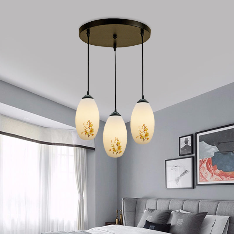 3 Bulbs Multiple Hanging Light Modern Oblong Frosted White Glass Linear/Round Canopy Pendulum Lamp with Flower Pattern