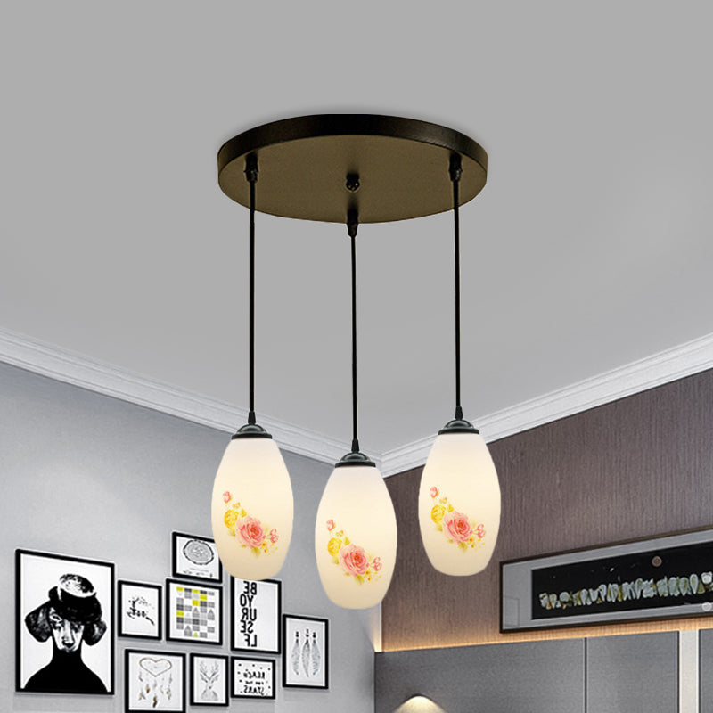 3 Bulbs Multiple Hanging Light Modern Oblong Frosted White Glass Linear/Round Canopy Pendulum Lamp with Flower Pattern