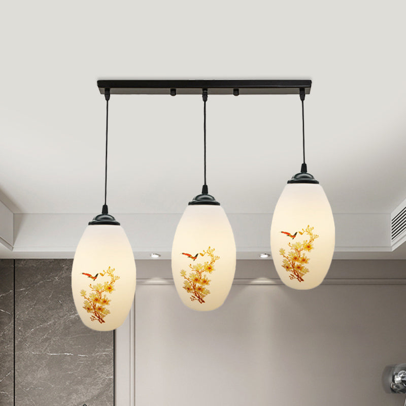 3 Bulbs Multiple Hanging Light Modern Oblong Frosted White Glass Linear/Round Canopy Pendulum Lamp with Flower Pattern