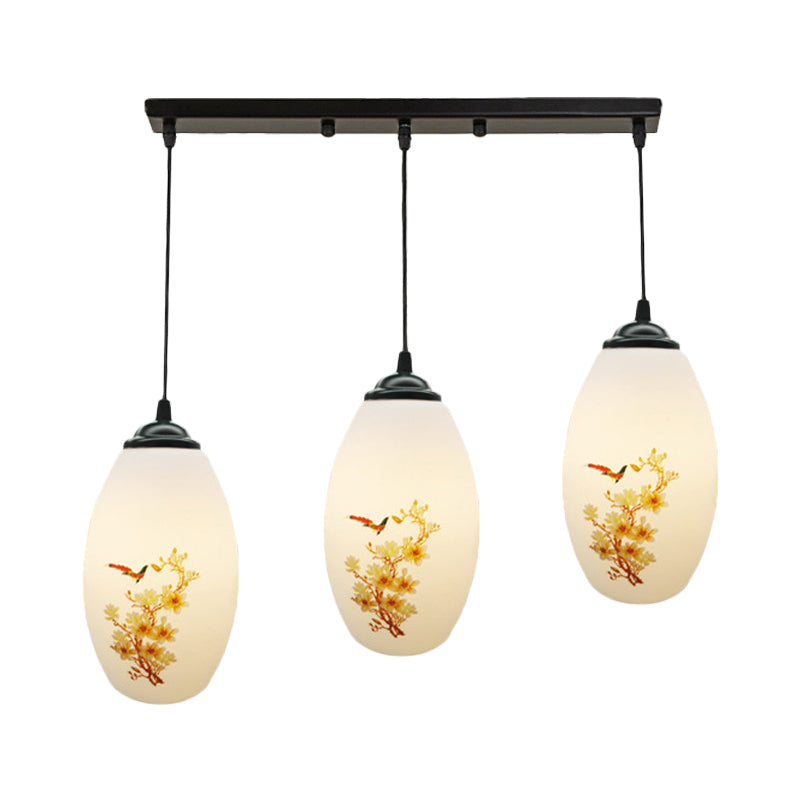 3 Bulbs Multiple Hanging Light Modern Oblong Frosted White Glass Linear/Round Canopy Pendulum Lamp with Flower Pattern