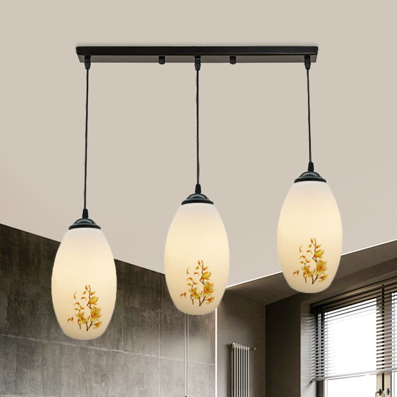 3 Bulbs Multiple Hanging Light Modern Oblong Frosted White Glass Linear/Round Canopy Pendulum Lamp with Flower Pattern