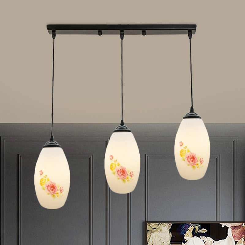3 Bulbs Multiple Hanging Light Modern Oblong Frosted White Glass Linear/Round Canopy Pendulum Lamp with Flower Pattern