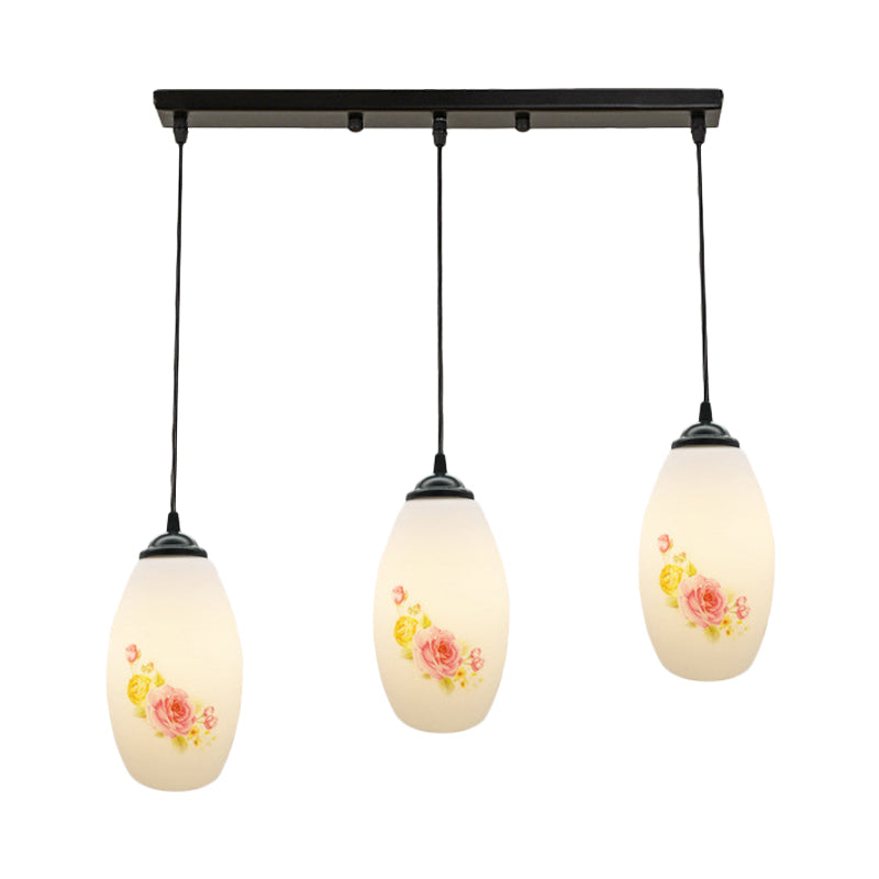 3 Bulbs Multiple Hanging Light Modern Oblong Frosted White Glass Linear/Round Canopy Pendulum Lamp with Flower Pattern