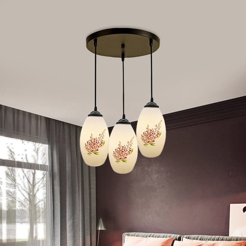 Minimalism Oval Multi Lamp Pendant 3 Heads White Frosted Glass Suspension Light in Black with Linear/Round Canopy